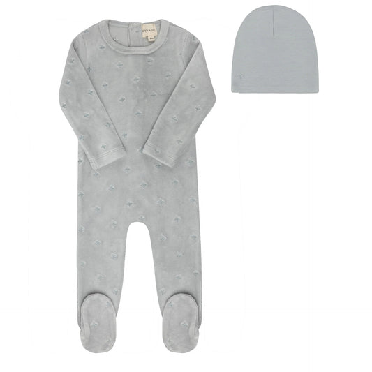 ELY'S & CO BLUE VELOUR EMBROIDERED FLORAL FOOTIE + BEANIE