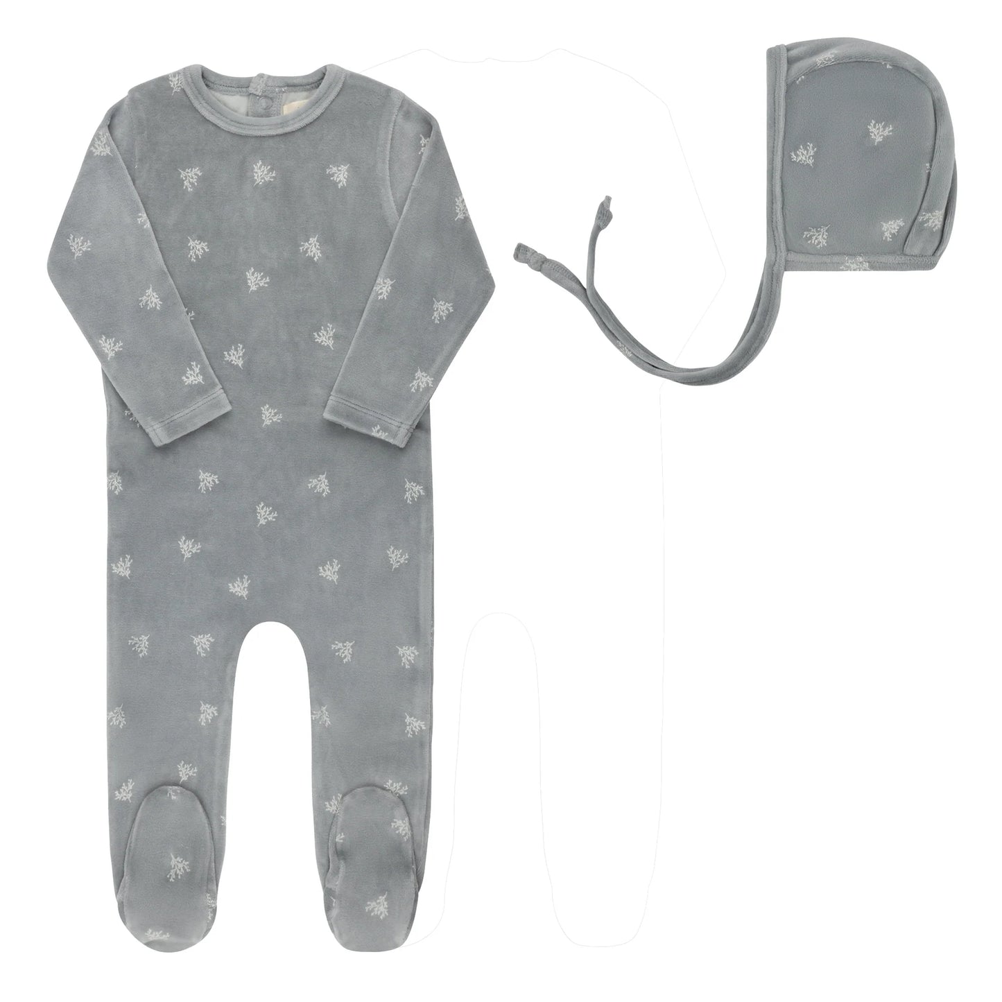 ELY'S & CO BLUE VELOUR LEAF PATTERN FOOTIE + BONNET