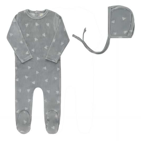 ELY'S & CO BLUE VELOUR LEAF PATTERN FOOTIE + BONNET