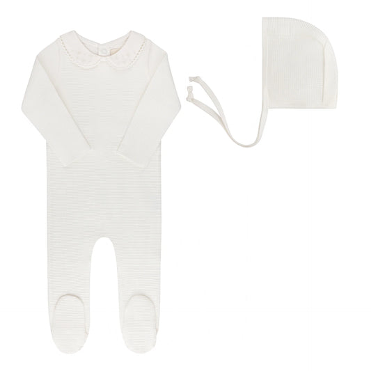 ELY'S & CO IVORY BOY EMBROIDERED COLLAR FOOTIE + BONNET