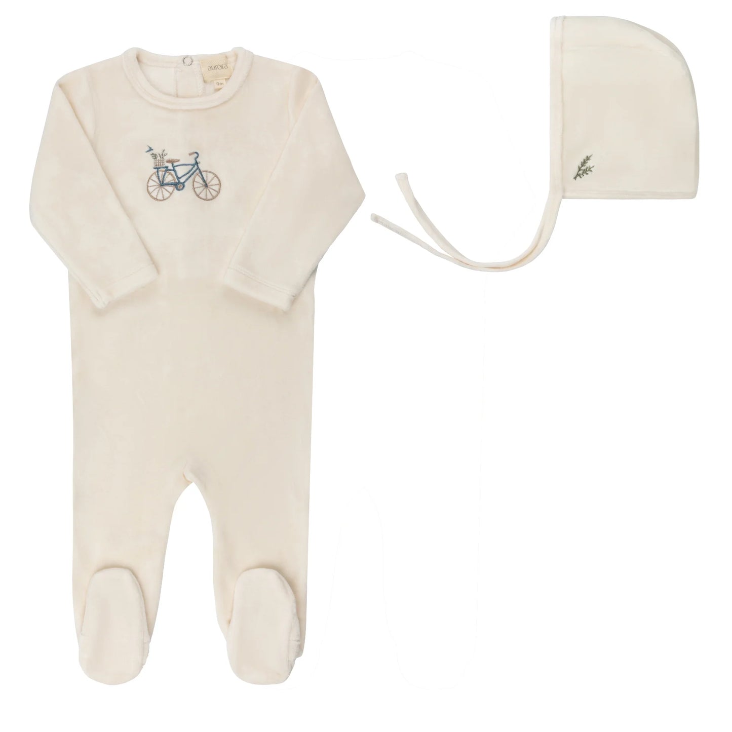 AURORA IVORY/BLUE VELOUR BICYCLE FOOTIE + BONNET