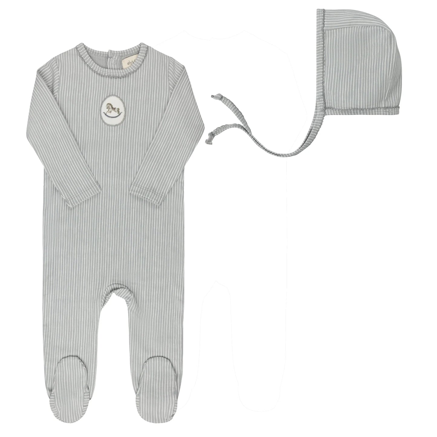 AURORA BLUE ROCKING HORSE FOOTIE + BONNET