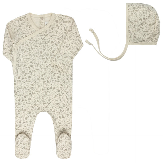 ELY'S & CO IVORY/SAGE VINE FOOTIE + BONNET