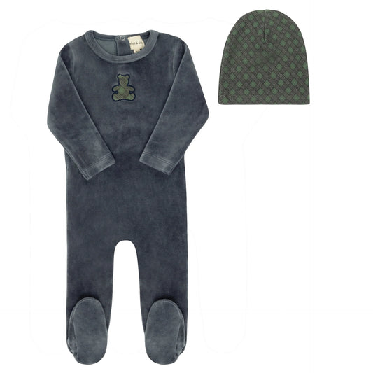 ELY'S & CO BLUE VELOUR PLAID BEAR FOOTIE + BEANIE