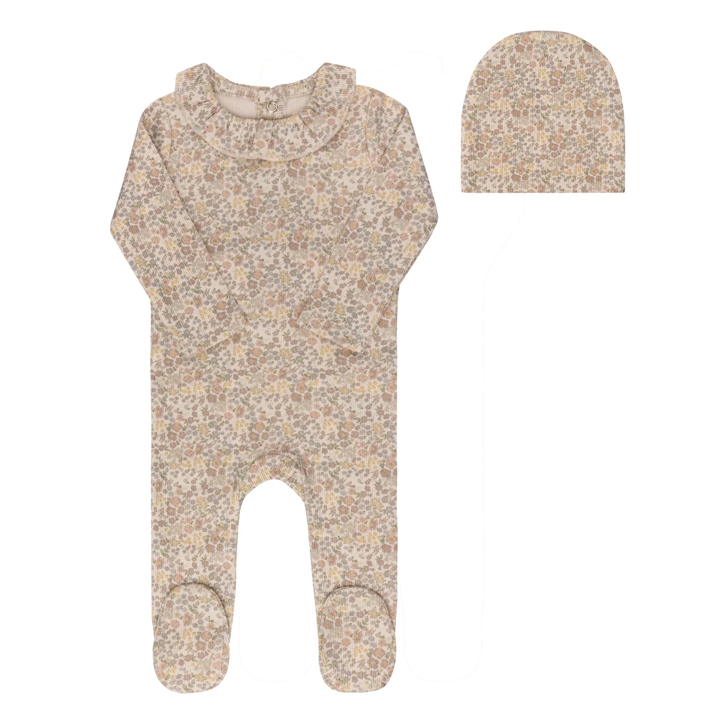 AURORA IVORY FLORAL COTTON LIBERTY PRINT FOOTIE + BEANIE
