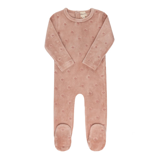 ELY'S & CO PINK VELOUR EMBROIDERED FLORAL FOOTIE