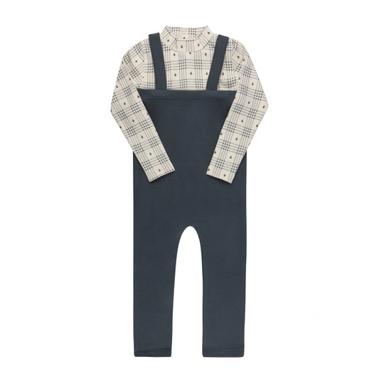 ELY'S & CO IVORY/BLUE FLORAL PLAID OVERALL SET