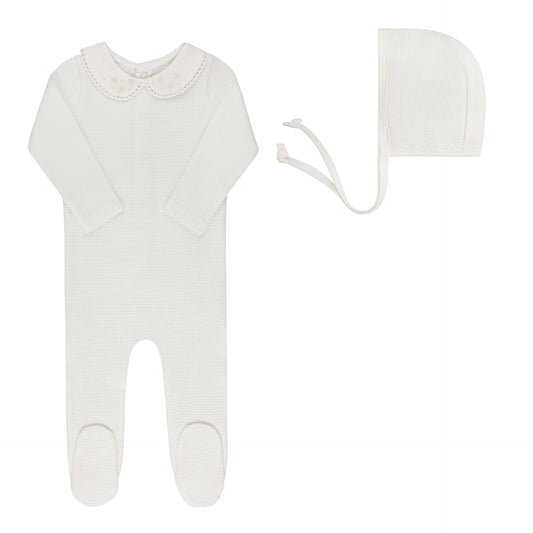 ELY'S & CO IVORY GIRL EMBROIDERED COLLAR FOOTIE + BONNET