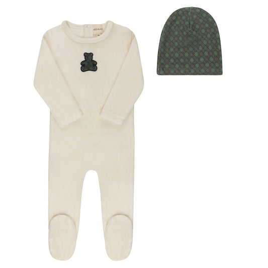ELY'S & CO IVORY/BLUE VELOUR PLAID BEAR FOOTIE + BEANIE