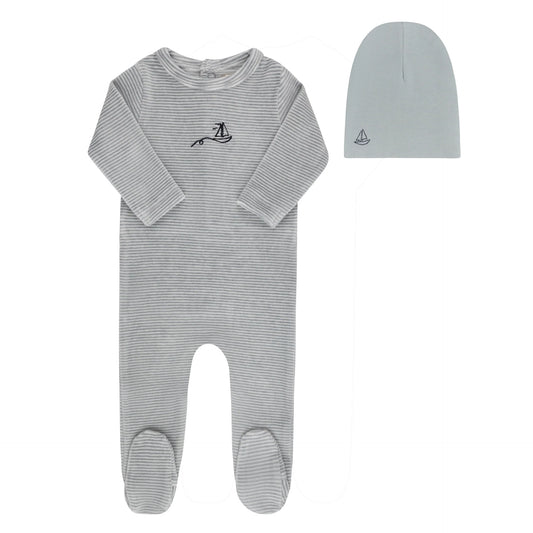 ELY'S & CO LIGHT BLUE VELOUR STRIPE FOOTIE + BEANIE