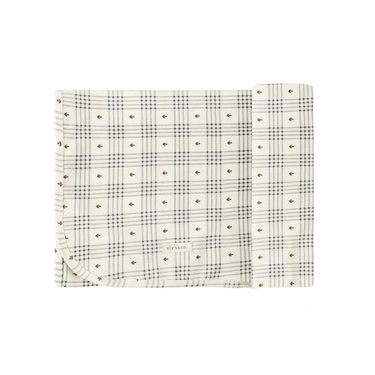 ELY'S & CO IVORY/BLUE FLORAL PLAID BLANKET