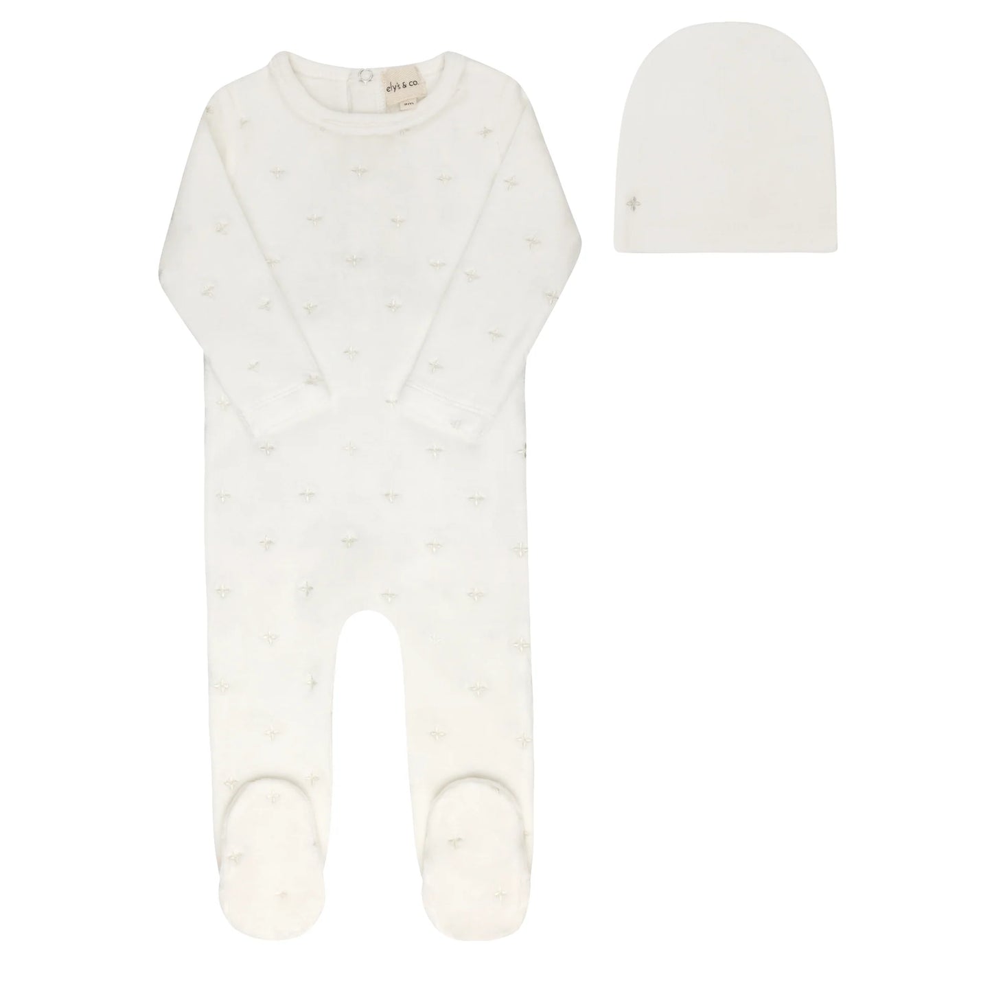 ELY'S & CO IVORY BOY VELOUR EMBROIDERED FLORAL FOOTIE + BEANIE