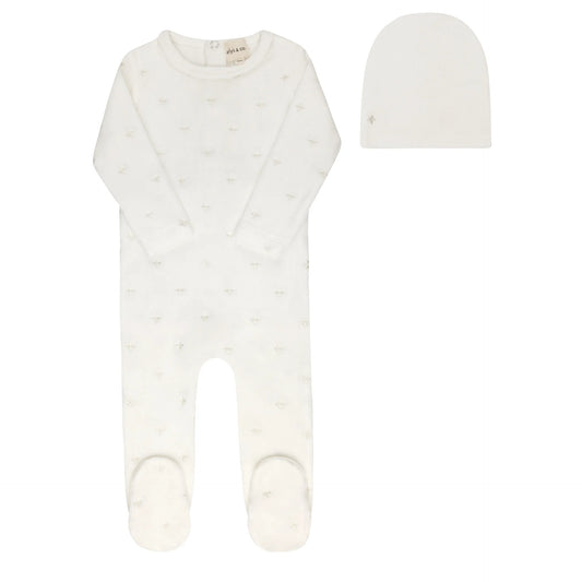 ELY'S & CO IVORY BOY VELOUR EMBROIDERED FLORAL FOOTIE + BEANIE