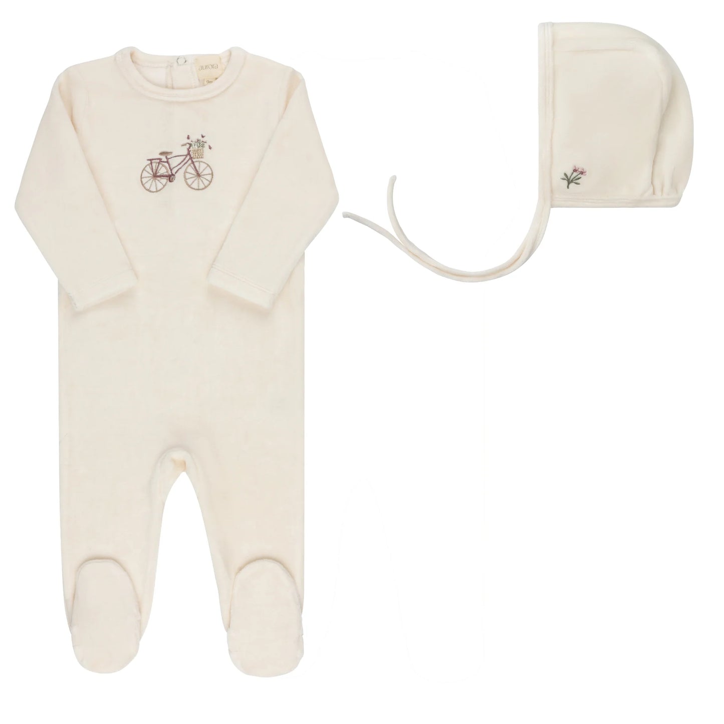 AURORA IVORY/PINK VELOUR BICYCLE FOOTIE + BONNET