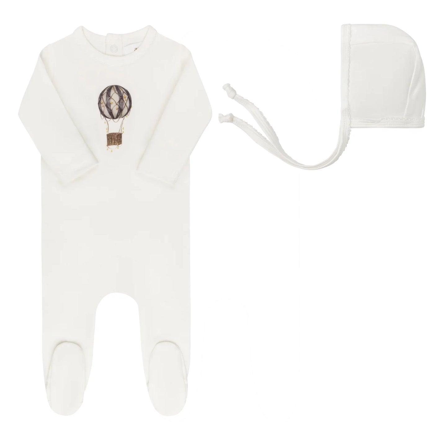 AURORA IVORY/BLUE FRENCH TERRY HOT AIR BALLOON FOOTIE + BONNET