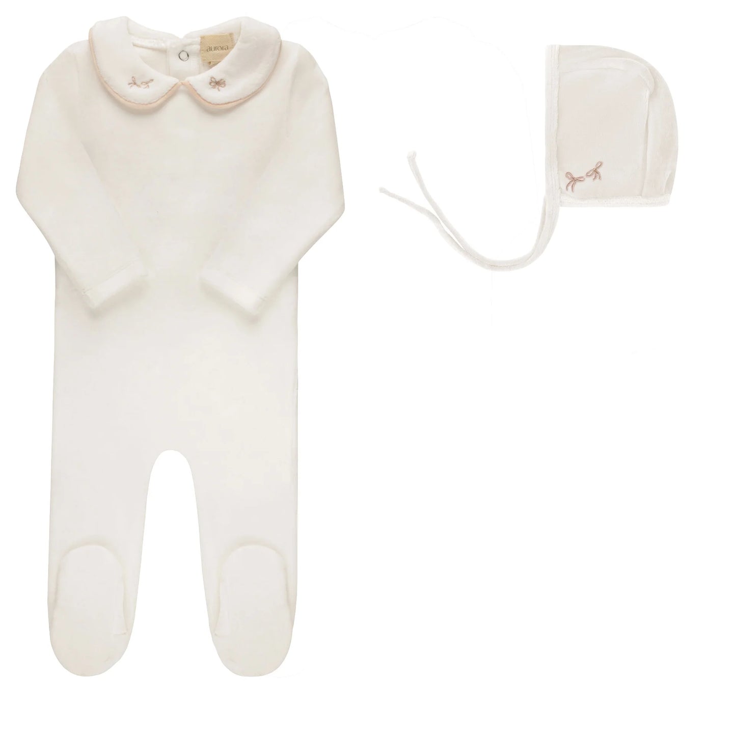 AURORA IVORY/PINK EMBROIDERED VELOUR COLLAR FOOTIE + BONNET