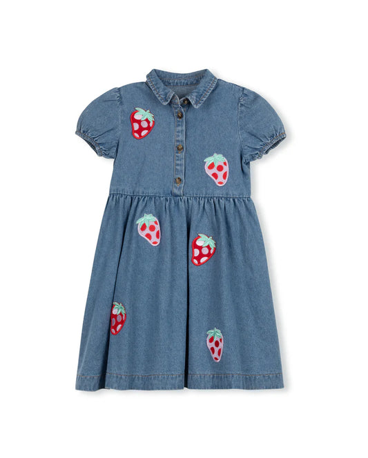 HELLO YELLOW DENIM APPLIQUE DRESS