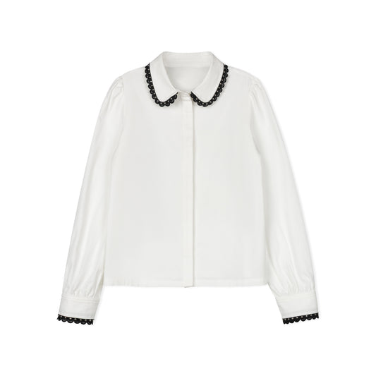 VELVETTE LABEL WHITE/BLACK SCALLOP TRIM BLOUSE