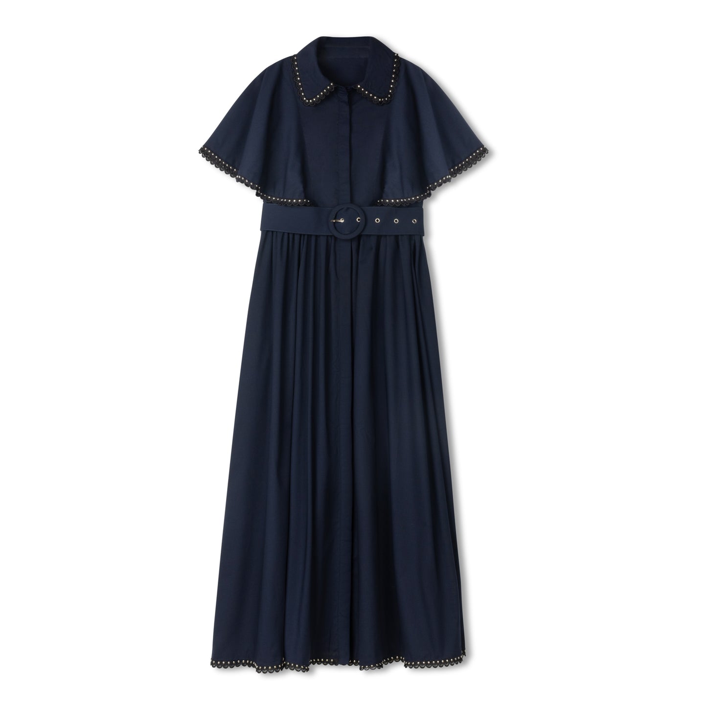 DAINTTI COLLECTION NAVY SCALLOP TRIM BELTED MIDI DRESS