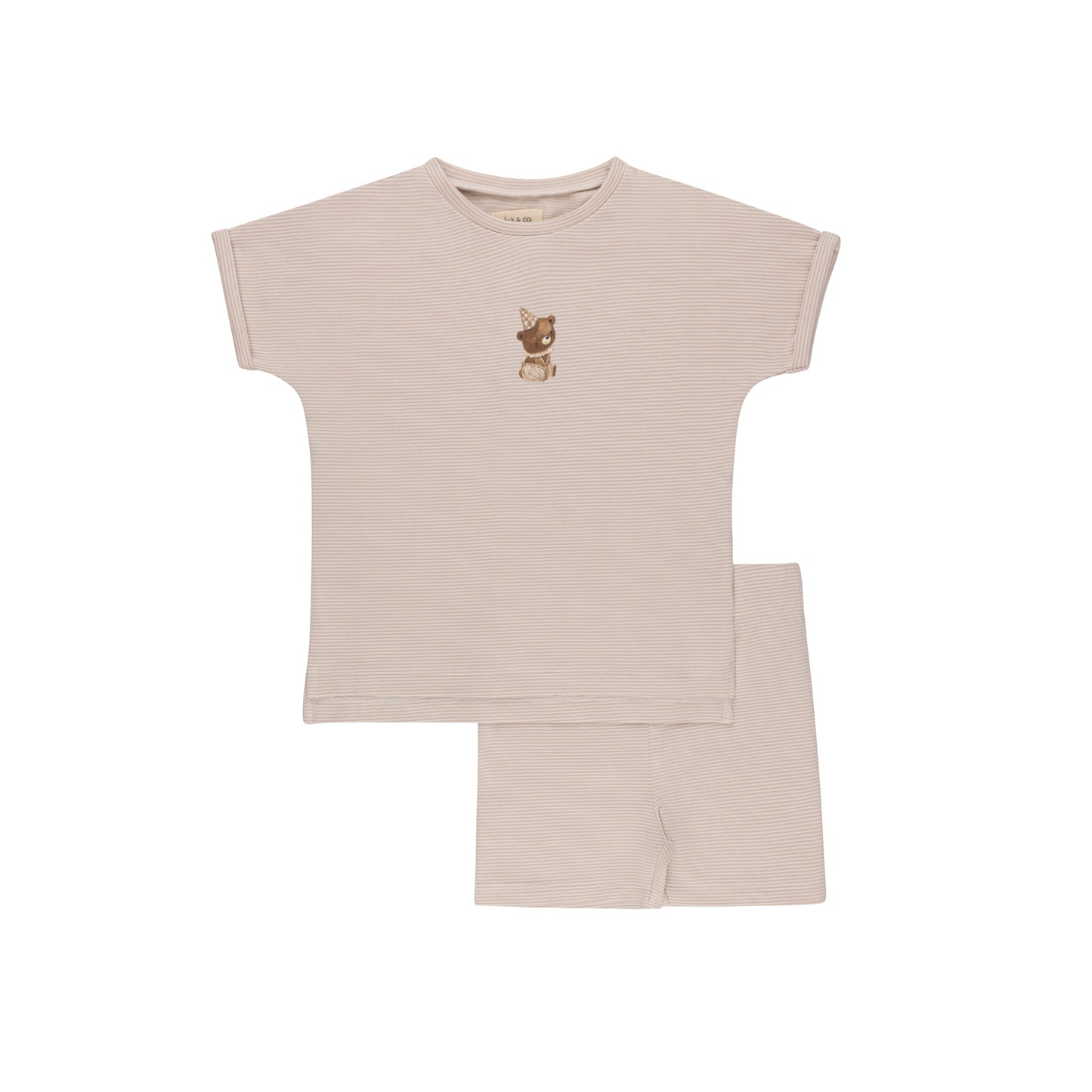 ELY'S & CO TAN STRIPED BEAR PATCH SHORTS SET