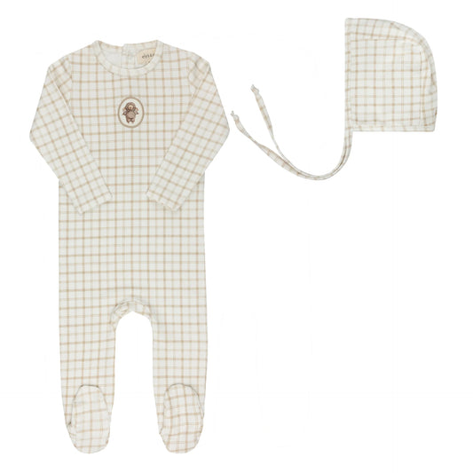 ELY'S & CO BEIGE PLAID SHEEP FOOTIE + BONNET