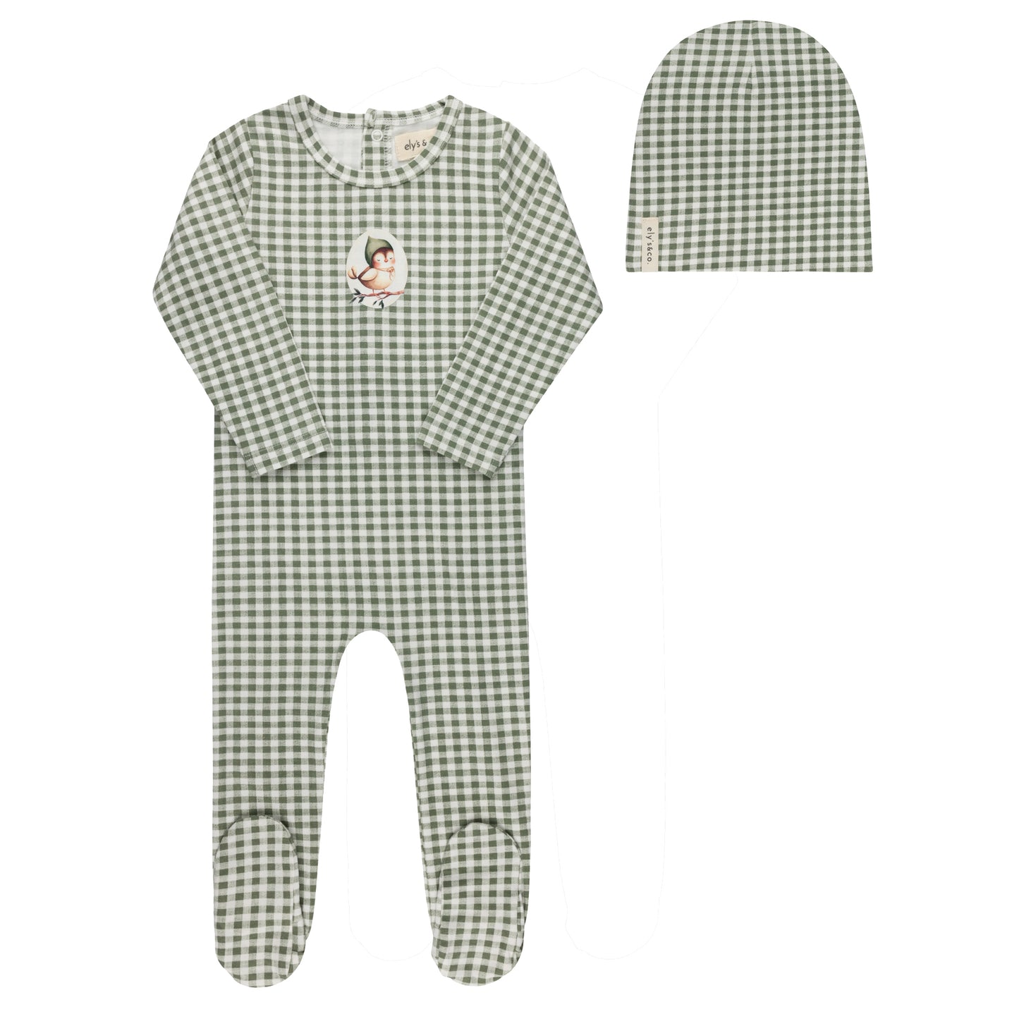 ELYS & CO SAGE OWL GINGHAM FOOTIE + BEANIE