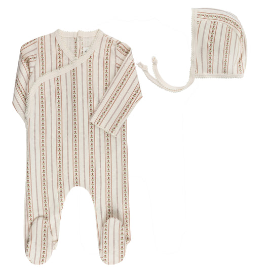 ELYS & CO IVORY/PINK LINEAR TULIP FOOTIE + BONNET