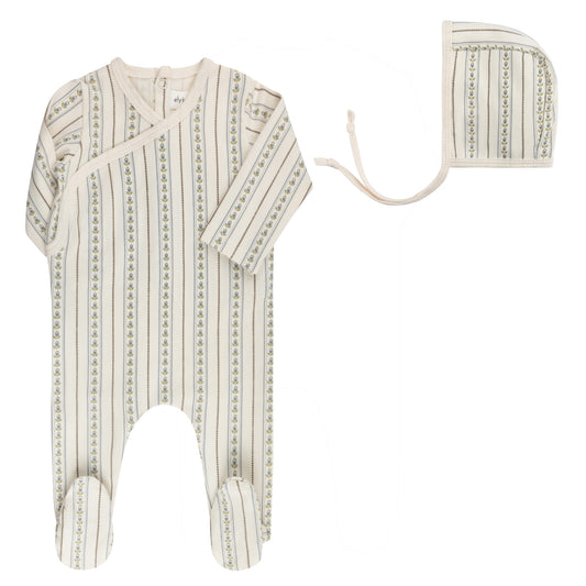 ELYS & CO IVORY/BLUE LINEAR TULIP FOOTIE + BONNET