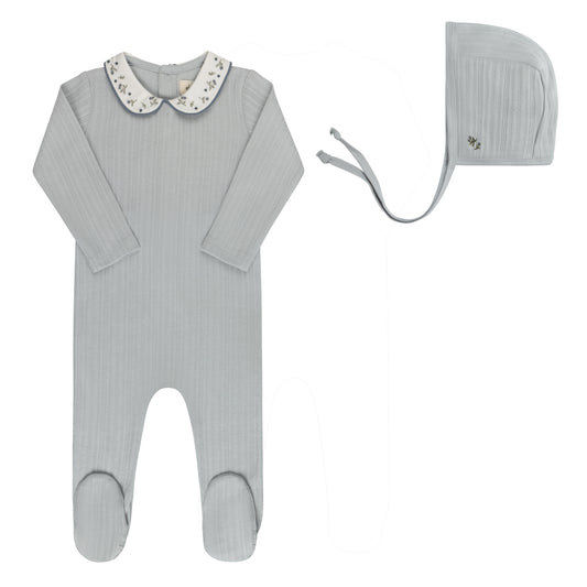 ELYS & CO BLUE FLORAL EMBROIDERED FOOTIE + BONNET