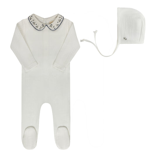 ELYS & CO IVORY/BLUE FLORAL EMBROIDERED FOOTIE + BONNET