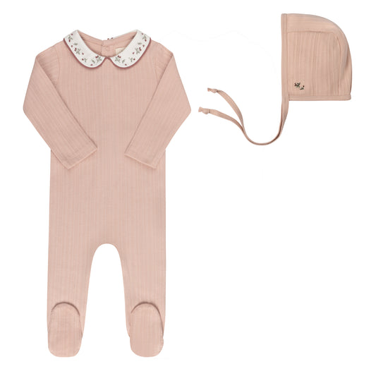 ELYS & CO PINK FLORAL EMBROIDERED FOOTIE + BONNET