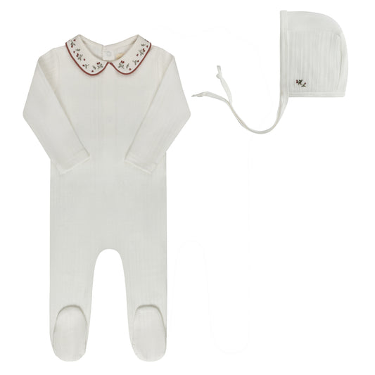 ELYS & CO IVORY/PINK FLORAL EMBROIDERED FOOTIE + BONNET