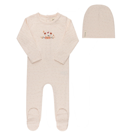 ELYS & CO IVORY/PINK FLORAL STRIPE FOOTIE + BEANIE