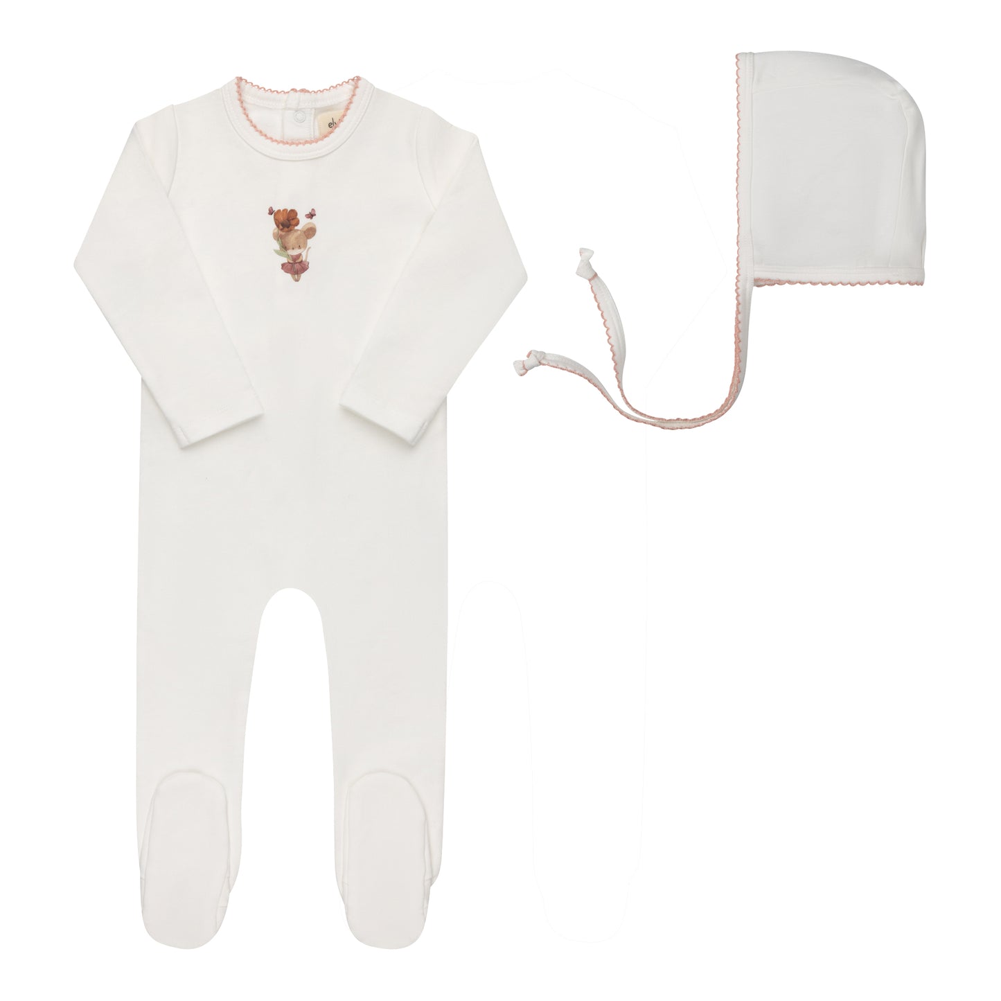 ELYS & CO IVORY/PINK FRENCH TERRY FOOTIE + BONNET