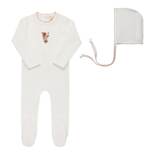 ELYS & CO IVORY/PINK FRENCH TERRY FOOTIE + BONNET