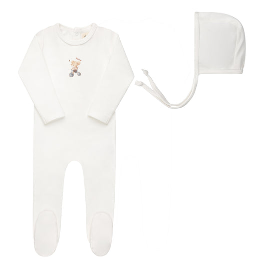 ELYS & CO IVORY/BLUE FRENCH TERRY FOOTIE + BONNET