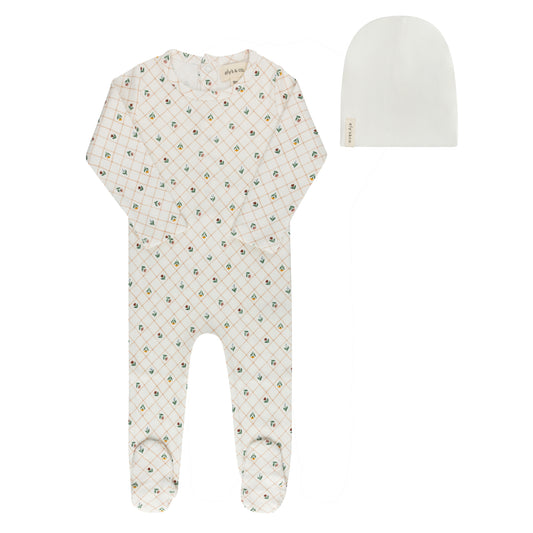 ELYS & CO IVORY RIBBED FLORAL PATTERN FOOTIE + BEANIE