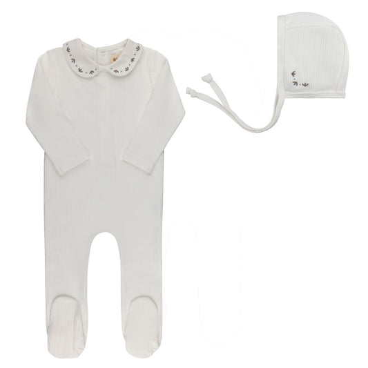 LOOMS IVORY/BLUE EMBROIDERED TRIM FOOTIE + BONNET