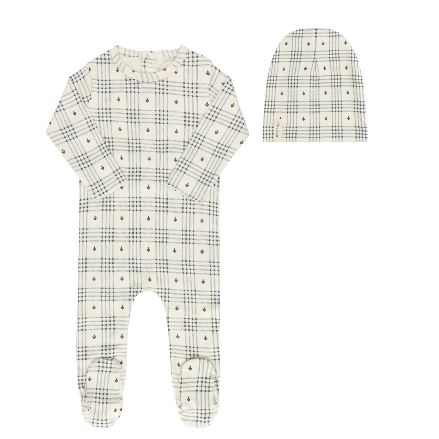 ELY'S & CO IVORY/BLUE FLORAL PLAID FOOTIE + BEANIE
