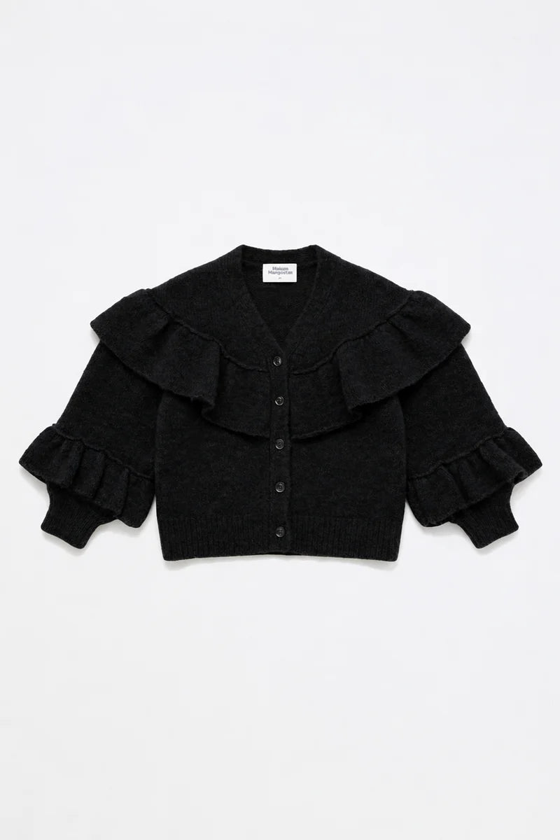 MAISON MANGOSTAN BLACK RUFFLE KNIT CARDIGAN