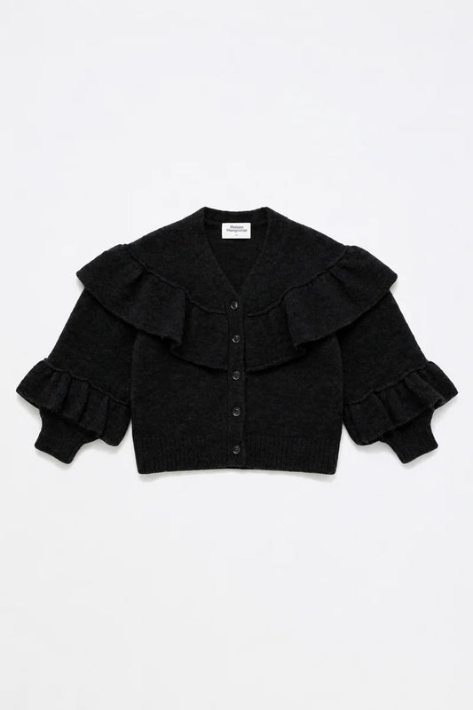 MAISON MANGOSTAN BLACK RUFFLE KNIT CARDIGAN