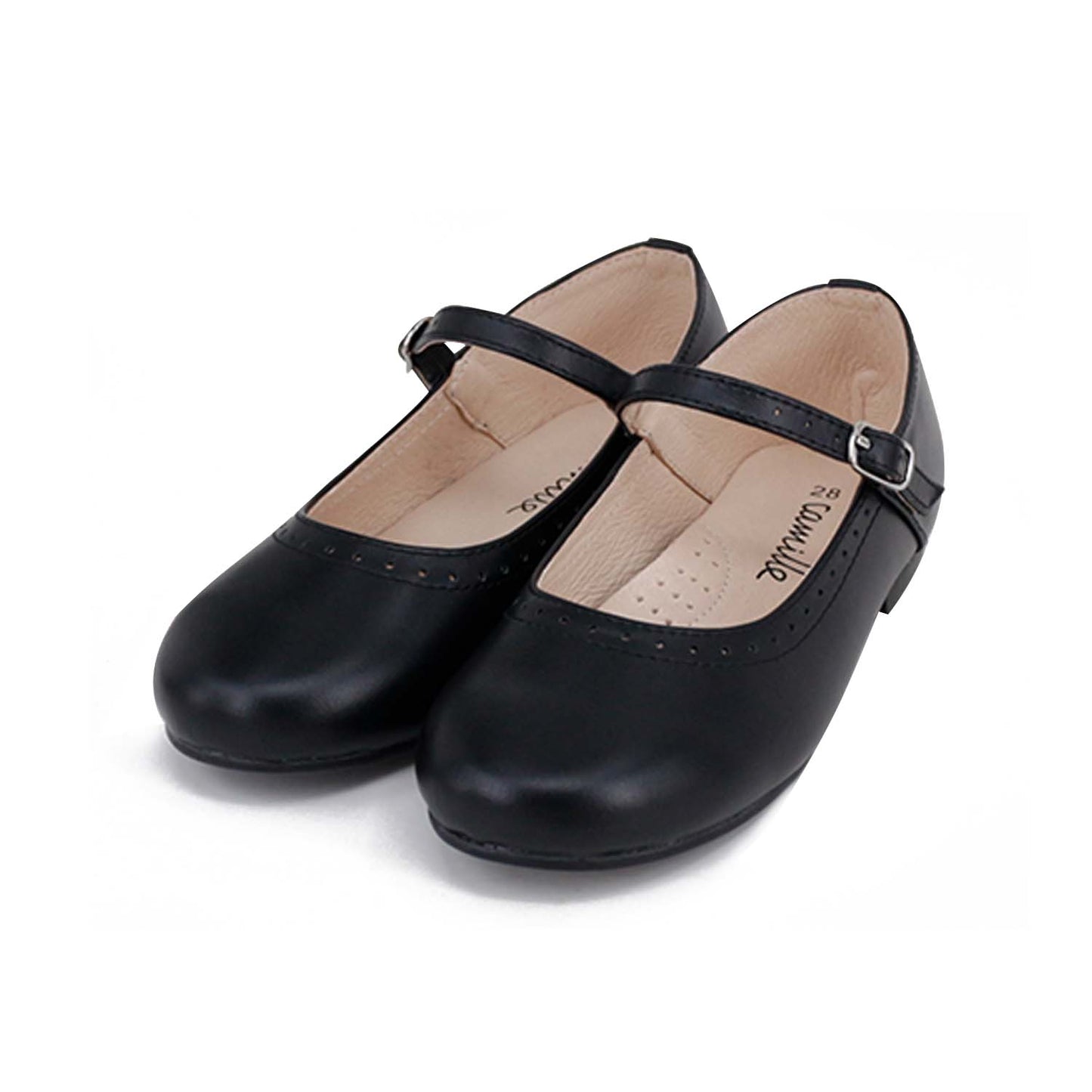 CAMILLE KIDS BLACK LEATHER EYELET TRIM MARY JANES