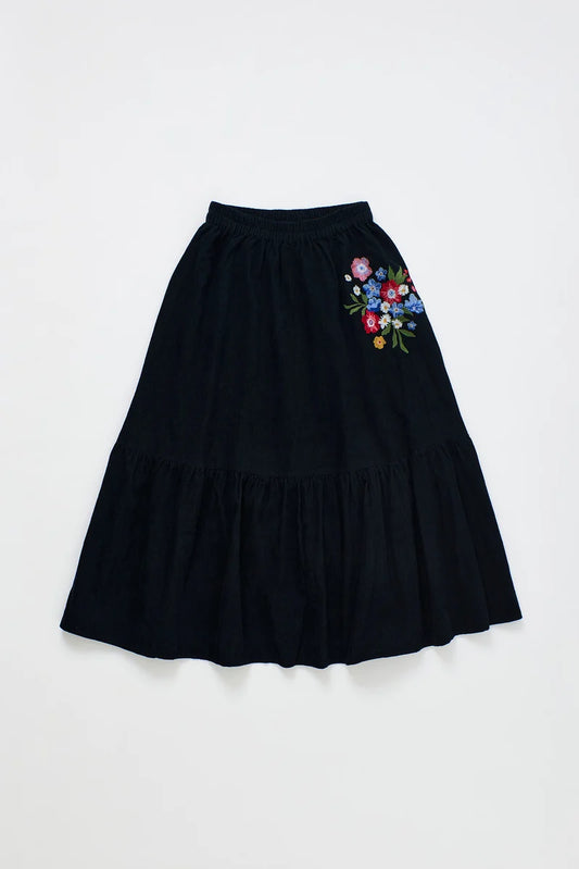 MAISON MANGOSTAN BLACK EMBROIDERED FLORAL CORDUROY SKIRT