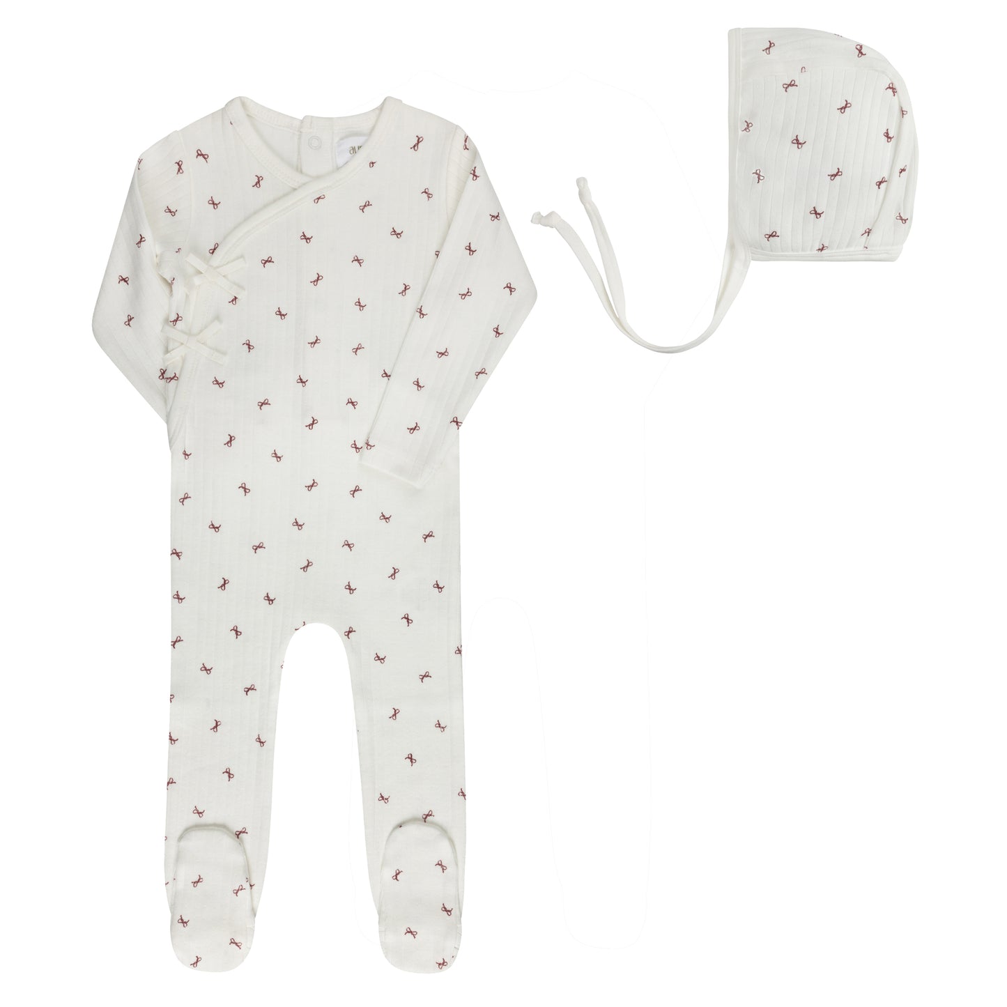 AURORA IVORY/RED BOW PRINT FOOTIE + BONNET