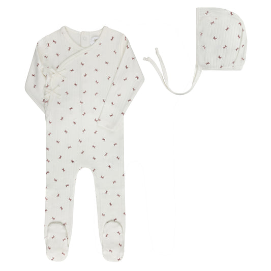 AURORA IVORY/RED BOW PRINT FOOTIE + BONNET