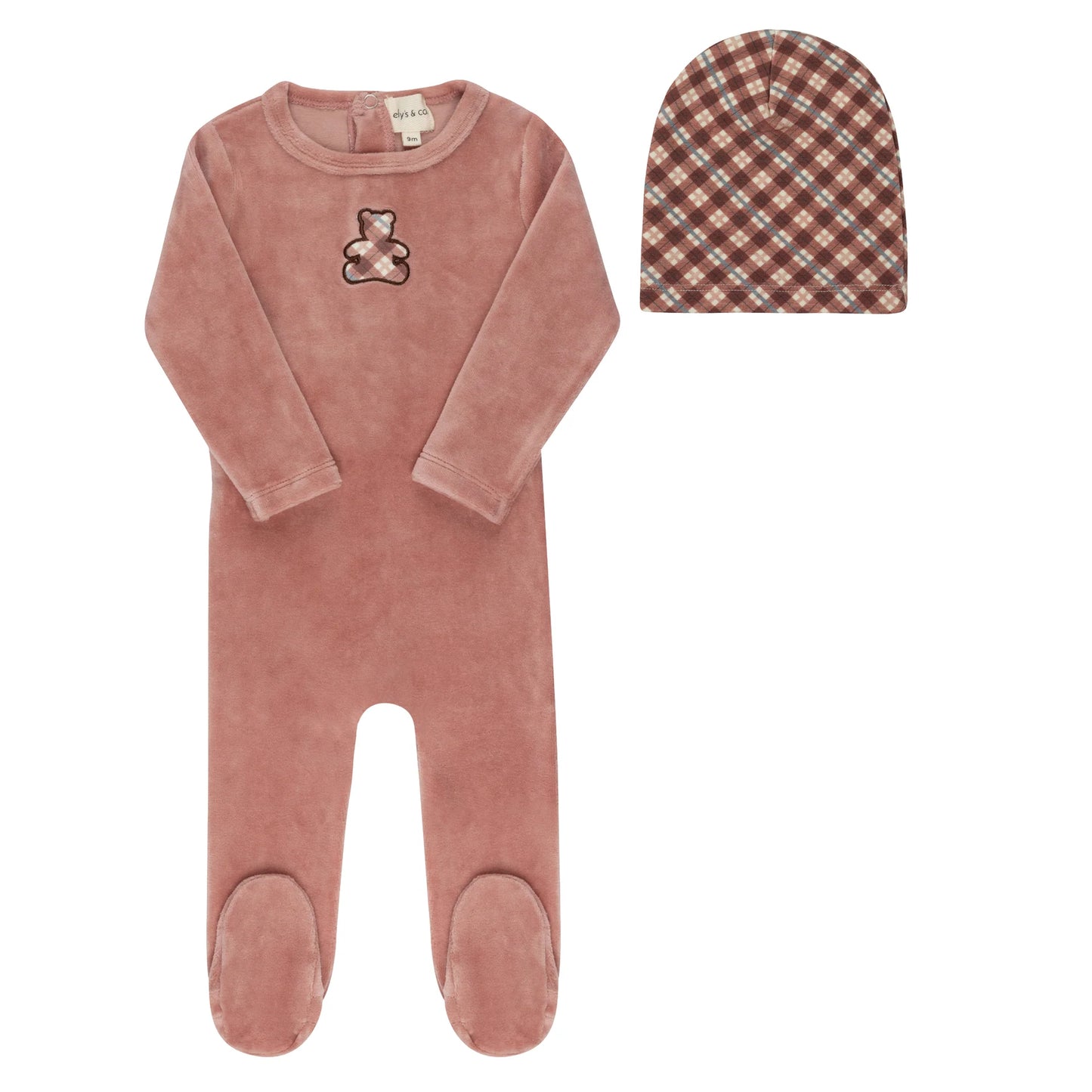ELY'S & CO PINK VELOUR PLAID BEAR FOOTIE + BEANIE