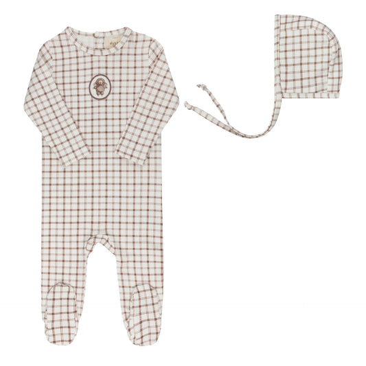 ELY'S & CO MAUVE PLAID SHEEP FOOTIE + BONNET