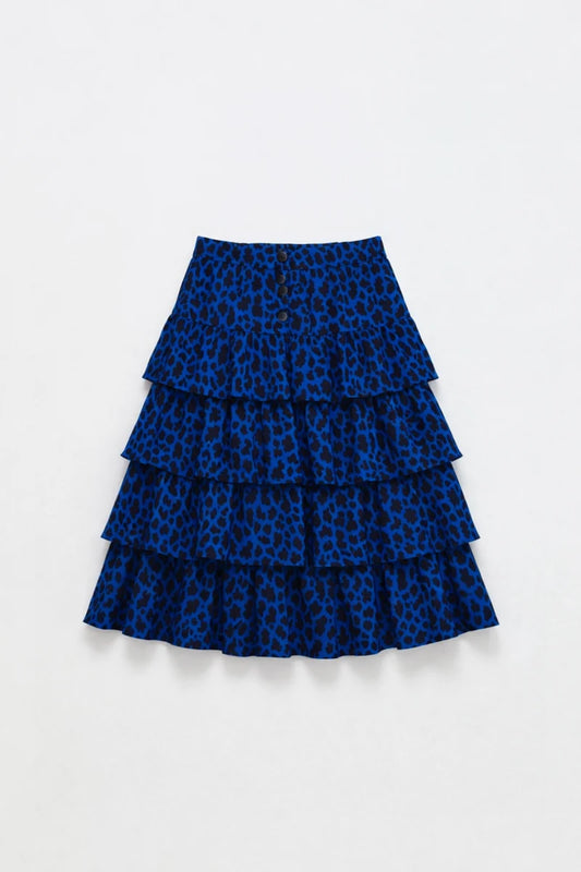 MAISON MANGOSTAN BLUE ANIMAL PRINT RUFFLE TIERED SKIRT