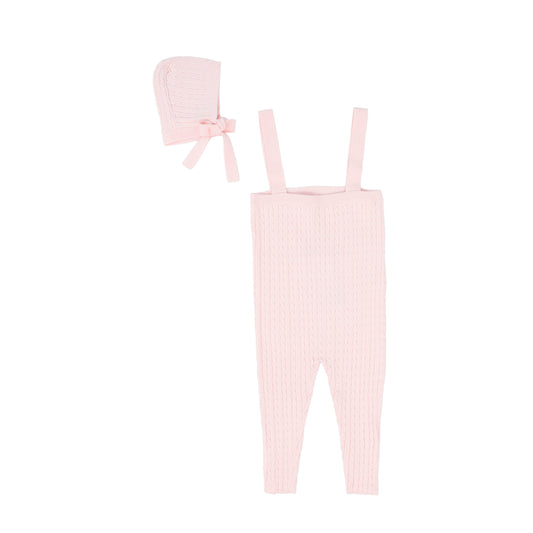 BEBE JOLEE PINK MARLED KNIT OVERALLS AND BONNET