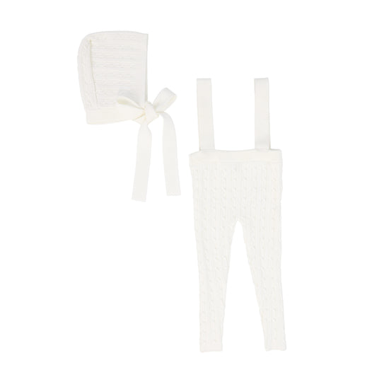 BEBE JOLEE IVORY MARLED KNIT OVERALLS AND BONNET